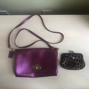 Sale! New Coach Violet Leather Crossbody  with Coach Leopard Coin Purse Set